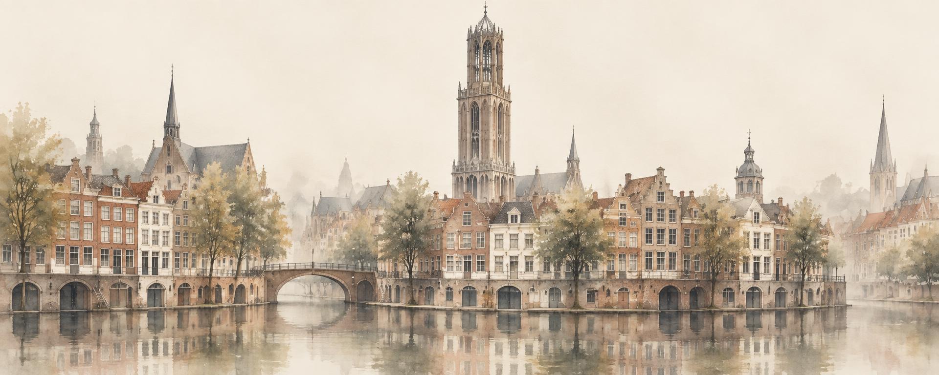 Silhouet van de Utrechtse skyline met de Domtoren, Oudegracht en wervenhuizen